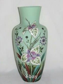 04F46 ANCIEN GRAND VASE OPALINE DÉCORS FLEURS PEINTS ÉMAILLÉ NAPOLÉON III XIXe