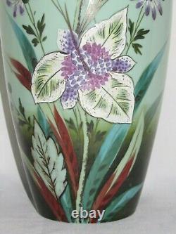 04F46 ANCIEN GRAND VASE OPALINE DÉCORS FLEURS PEINTS ÉMAILLÉ NAPOLÉON III XIXe