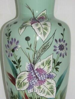 04F46 ANCIEN GRAND VASE OPALINE DÉCORS FLEURS PEINTS ÉMAILLÉ NAPOLÉON III XIXe