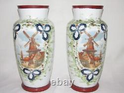 06I29 PAIRE ANCIENS GRANDS VASES OPALINE DÉCORS MOULIN NAPOLÉON III XIXe