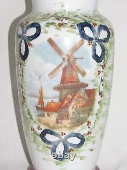 06I29 PAIRE ANCIENS GRANDS VASES OPALINE DÉCORS MOULIN NAPOLÉON III XIXe