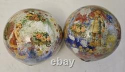 2 Boules porte perruque en verre soufflé décor peint 12 chromo XIX charme retro