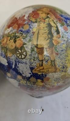 2 Boules porte perruque en verre soufflé décor peint 12 chromo XIX charme retro