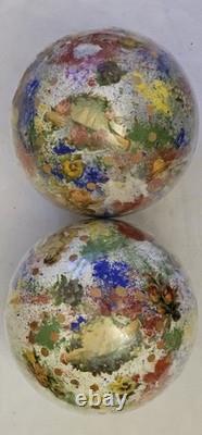 2 Boules porte perruque en verre soufflé décor peint 12 chromo XIX charme retro