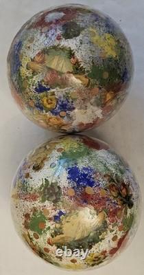 2 Boules porte perruque en verre soufflé décor peint 12 chromo XIX charme retro