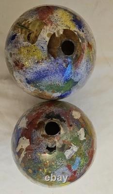 2 Boules porte perruque en verre soufflé décor peint 12 chromo XIX charme retro