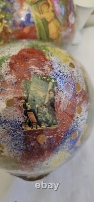 2 Boules porte perruque en verre soufflé décor peint 12 chromo XIX charme retro