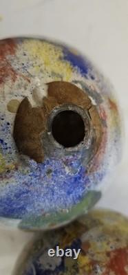 2 Boules porte perruque en verre soufflé décor peint 12 chromo XIX charme retro