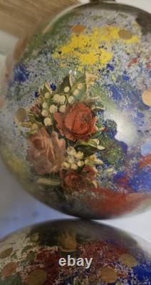 2 Boules porte perruque en verre soufflé décor peint 12 chromo XIX charme retro