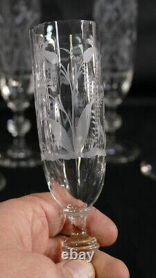 6 Flûtes à Champagne En Cristal Gravé De Fleurs époque XIX ème Napoléon III