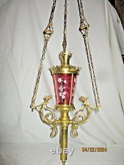 ANCIEN LUSTRE LANTERNE D'EGLISE SUSPENSION LAITON DORE VERRE EMAILLE ROUGE XIXè