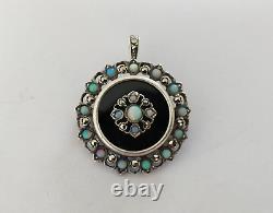 ANCIEN PENDENTIF BROCHE XIXe ARGENT MASSIF ONYX OPALE MARCASSITE Napoléon III