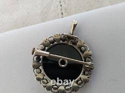 ANCIEN PENDENTIF BROCHE XIXe ARGENT MASSIF ONYX OPALE MARCASSITE Napoléon III