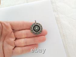 ANCIEN PENDENTIF BROCHE XIXe ARGENT MASSIF ONYX OPALE MARCASSITE Napoléon III