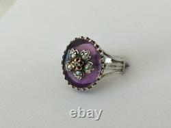 ANCIENNE BAGUE XIXe ARGENT MASSIF OR CABOCHON EN VERRE AMÉTHYSTE PERLE FINE