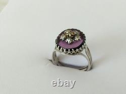 ANCIENNE BAGUE XIXe ARGENT MASSIF OR CABOCHON EN VERRE AMÉTHYSTE PERLE FINE