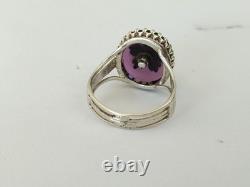 ANCIENNE BAGUE XIXe ARGENT MASSIF OR CABOCHON EN VERRE AMÉTHYSTE PERLE FINE