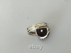 ANCIENNE BAGUE XIXe ARGENT MASSIF OR CABOCHON EN VERRE AMÉTHYSTE PERLE FINE