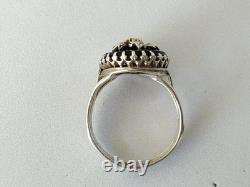 ANCIENNE BAGUE XIXe ARGENT MASSIF OR CABOCHON EN VERRE AMÉTHYSTE PERLE FINE