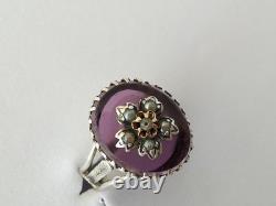 ANCIENNE BAGUE XIXe ARGENT MASSIF OR CABOCHON EN VERRE AMÉTHYSTE PERLE FINE