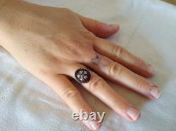 ANCIENNE BAGUE XIXe ARGENT MASSIF OR CABOCHON EN VERRE AMÉTHYSTE PERLE FINE