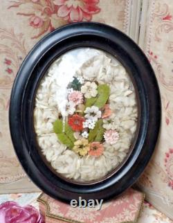 ANCIENNE COURONNE de MARIÉE FLEURS en TISSU sous VERRE BOMBÉ Napoléon III/ XIXe