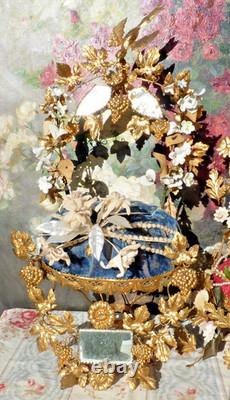 ANCIENNE GARNITURE de GLOBE de MARIÉE et sa COURONNE en tissu Napoléon III/ XIXe