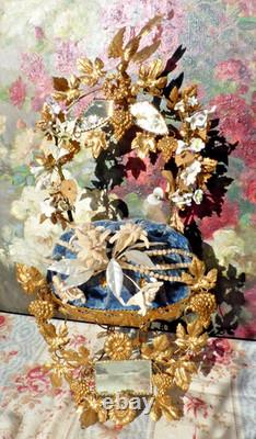 ANCIENNE GARNITURE de GLOBE de MARIÉE et sa COURONNE en tissu Napoléon III/ XIXe