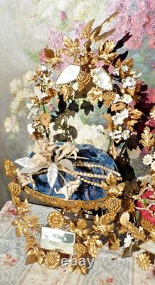 ANCIENNE GARNITURE de GLOBE de MARIÉE et sa COURONNE en tissu Napoléon III/ XIXe