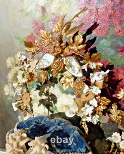 ANCIENNE GARNITURE de GLOBE de MARIÉE et sa COURONNE en tissu Napoléon III/ XIXe