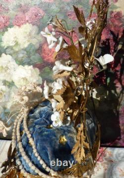 ANCIENNE GARNITURE de GLOBE de MARIÉE et sa COURONNE en tissu Napoléon III/ XIXe