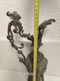 Aiguière ancienne métal argenté style Napoléon III XIXe, piédouche marbre