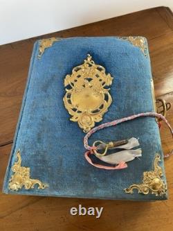 Ancien Album Photo Musical Napoléon III XIX Velours BleuBoîte À Musique Avec Clé