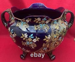 Ancien Cache-Pot Gien XIXe Faïence Bleu Cobalt Doré Napoléon III Restauré
