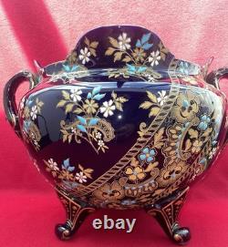 Ancien Cache-Pot Gien XIXe Faïence Bleu Cobalt Doré Napoléon III Restauré