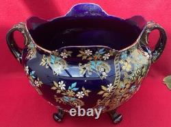Ancien Cache-Pot Gien XIXe Faïence Bleu Cobalt Doré Napoléon III Restauré