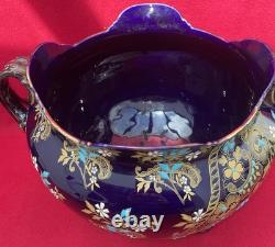 Ancien Cache-Pot Gien XIXe Faïence Bleu Cobalt Doré Napoléon III Restauré