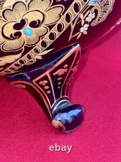 Ancien Cache-Pot Gien XIXe Faïence Bleu Cobalt Doré Napoléon III Restauré