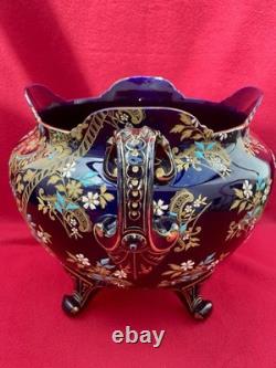 Ancien Cache-Pot Gien XIXe Faïence Bleu Cobalt Doré Napoléon III Restauré