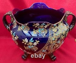 Ancien Cache-Pot Gien XIXe Faïence Bleu Cobalt Doré Napoléon III Restauré Ancien Cache-Pot Gien XIXe Faïence Bleu Cobalt Doré Napoléon III Restauré