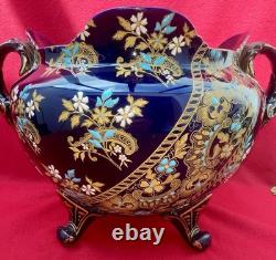 Ancien Cache-Pot Gien XIXe Faïence Bleu Cobalt Doré Napoléon III Restauré