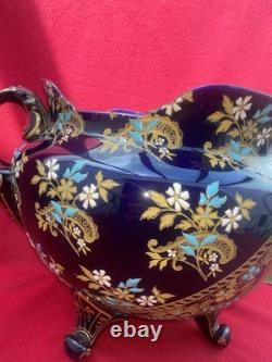 Ancien Cache-Pot Gien XIXe Faïence Bleu Cobalt Doré Napoléon III Restauré