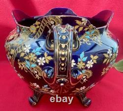 Ancien Cache-Pot Gien XIXe Faïence Bleu Cobalt Doré Napoléon III Restauré