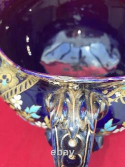 Ancien Cache-Pot Gien XIXe Faïence Bleu Cobalt Doré Napoléon III Restauré