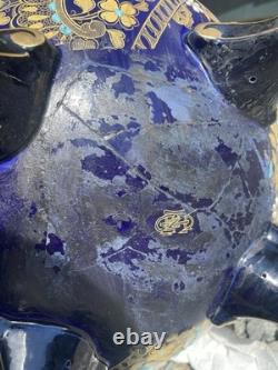 Ancien Cache-Pot Gien XIXe Faïence Bleu Cobalt Doré Napoléon III Restauré