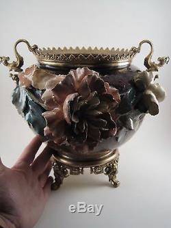 Ancien Cache Pot Jardinière Fleur Barbotine Monture Bronze Doré XIX Napoléon III