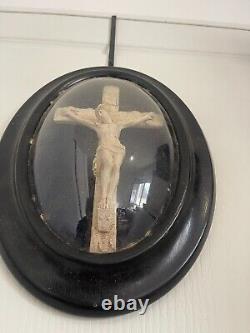 Ancien Cadre Reliquaire Sous Verre Bombé Croix Crucifix Jésus Napoléon III XIXè