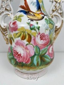 Ancien Grand Vase en Porcelaine de Paris XIXe décor floral roses et oiseau H32,5