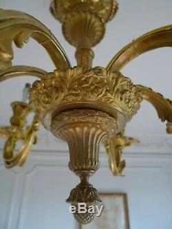 Ancien Lustre A 6 Bras Lumiere Bronze Style Louis XV Epoque Napoleon III XIX Em