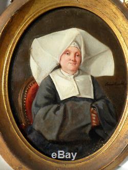 Ancien Portrait De Nonne Napoléon III Peinture Fixé Sous Verre Xixe Cornette